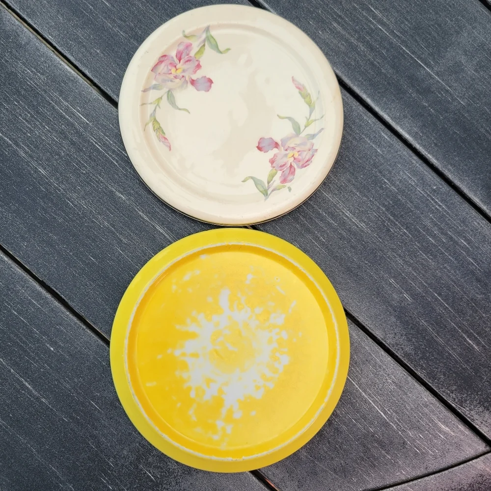 2 Vintage Items  ~ Yellow Trivet - Germany & Floral Universal (?) Lid or Trivet